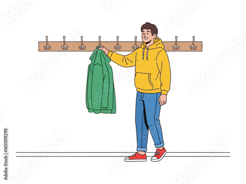 Hanging the Apparel: A person hangs up a green outerwear in hallway next to wall in minimalist, modern vector art style, embodying everyday routines.