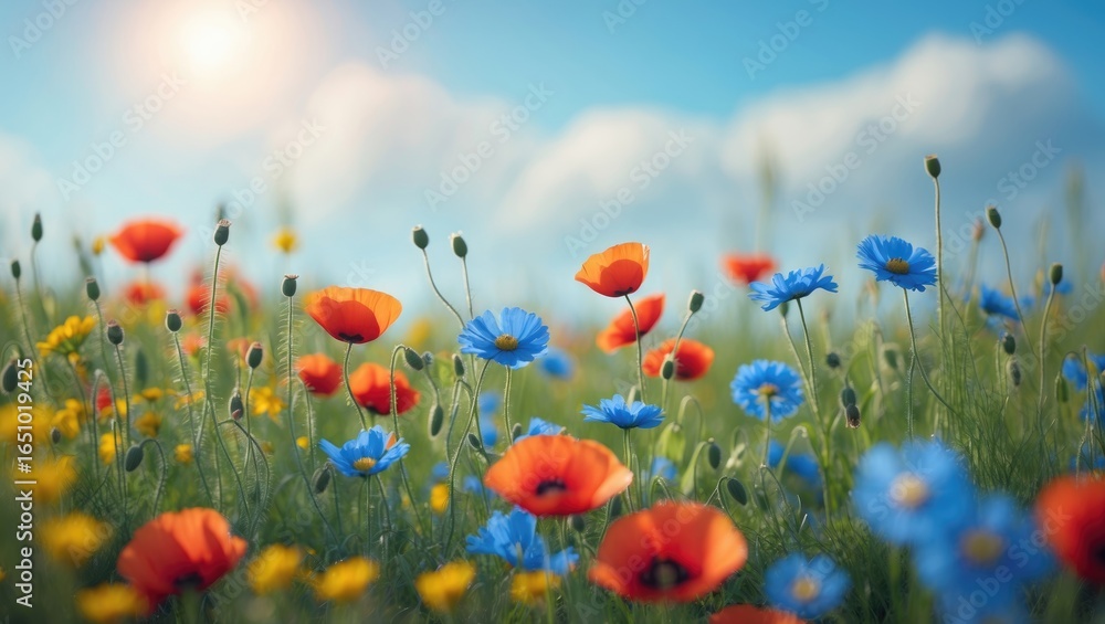 Obraz premium Colorful wildflowers in a field with bright sunlight and a blue sky. Spring and nature scene. Blooming flowers and greenery. The scene of vibrant flora and clear weather.