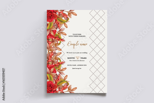 WEDDING INVITATION FRAME WITH FLOWER DECORATIONS AND FRESH LEAVES