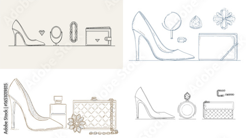 Elegant fashion accessory illustration set featuring high heels, clutches, perfume, rings, earrings, and jewelry. Minimal line art perfect for luxury branding, fashion guides, and beauty themes.