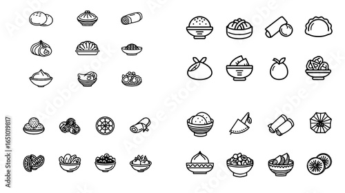 Cute collection of Asian food icons including rice bowls, dumplings, buns, noodles, rolls, and snacks. Playful illustrated set ideal for menus, restaurant branding, and food packaging.