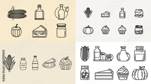 Hand-drawn food icon set featuring corn, pumpkins, bottles, jars, cakes, and cupcakes. Minimal line art perfect for packaging, farm products, bakery menus, and organic food branding.