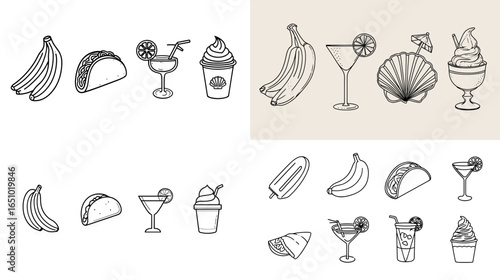 Fun food and drink icon set featuring bananas, tacos, cocktails, smoothies, ice cream, popsicles, and tropical beverages. Playful line art perfect for menus, summer themes, and cafe branding.