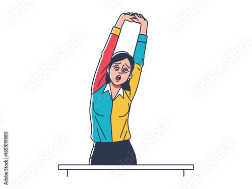 Stretching Break at Desk: A young professional woman finds a moment of respite and rejuvenation with a desk-side stretch. The vibrant colors of her attire and the graphic style convey dynamism.