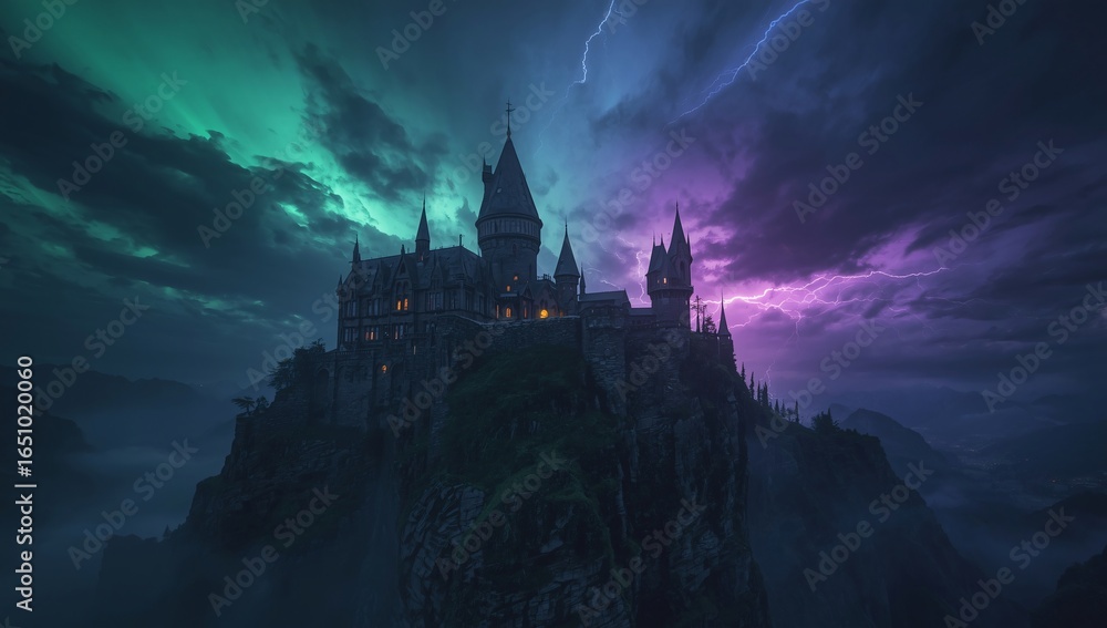 Fototapeta premium Epic Gothic Fantasy Castle on Stormy Cliffs – Immersive Cinematic Poster, Magazine Cover, and Social Media Fantasy Visuals with Neon Lightning & Mystical Skies