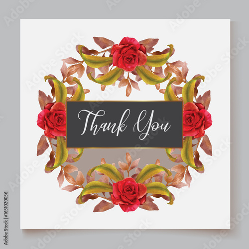 WEDDING INVITATION FRAME WITH FLOWER DECORATIONS AND FRESH LEAVES