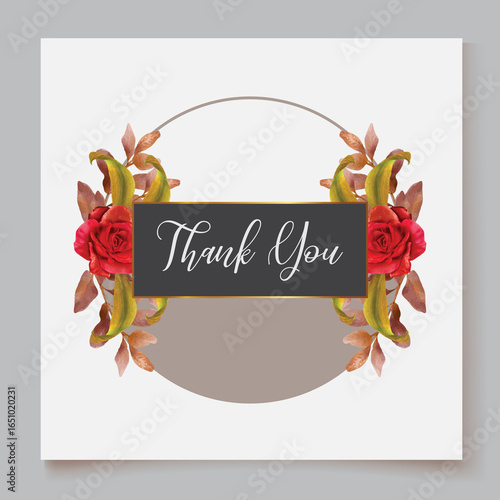 WEDDING INVITATION FRAME WITH FLOWER DECORATIONS AND FRESH LEAVES