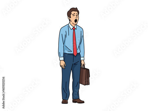 Exhausted Businessman: A tired businessman in a professional setting, holding a briefcase, and yawning with fatigue, capturing the physical and mental exhaustion of a long workday.
