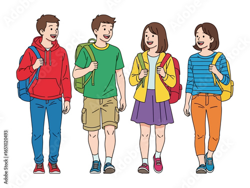 Joyful Adventure: A vibrant illustration depicts a group of young people with backpacks ready for a journey. Reflecting youthful energy, friendship, and anticipation for adventures.