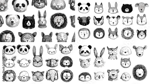 Cute collection of hand-drawn animal faces including panda, lion, fox, bear, rabbit, and more. Charming black-and-white illustration set perfect for children’s designs and playful graphics.
