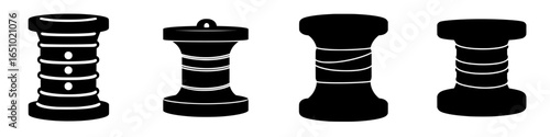 Different designs of sewing spools in black and white suitable for various creative projects and crafts showing a range of styles and forms