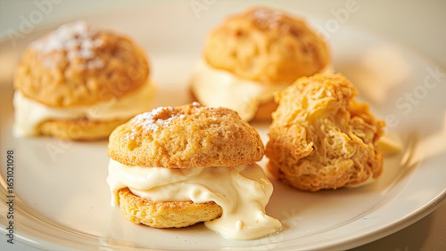 Wallpaper Mural Four cream puffs with vanilla cream filling on a white plate with powdered sugar dusting and a light brown color Torontodigital.ca