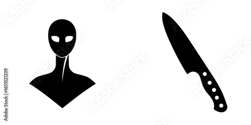 Silhouette of a humanoid figure alongside a kitchen knife in a stark white background