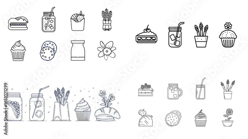Cute hand-drawn food doodle set featuring desserts, drinks, bread, pastries, cookies, and jars. Simple, playful icons perfect for packaging, stickers, menus, and children’s designs.