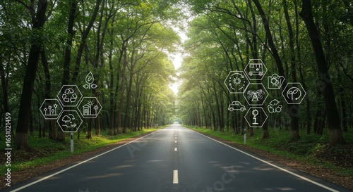 Green Road to Sustainability - Scenic road through lush forest with sustainability icons. Represents eco-friendly travel and environmental responsibility