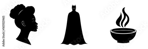 Silhouette art depicting a woman's profile, a dark figure in a cape, and a steaming bowl in a minimalist style