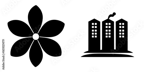 Flower and buildings symbolizing nature and urban life in a minimalist design