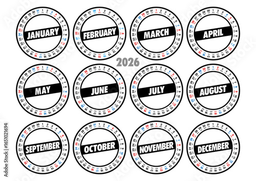 2026年の年間円形カレンダー 横位置 日本の祝日表記はありません
