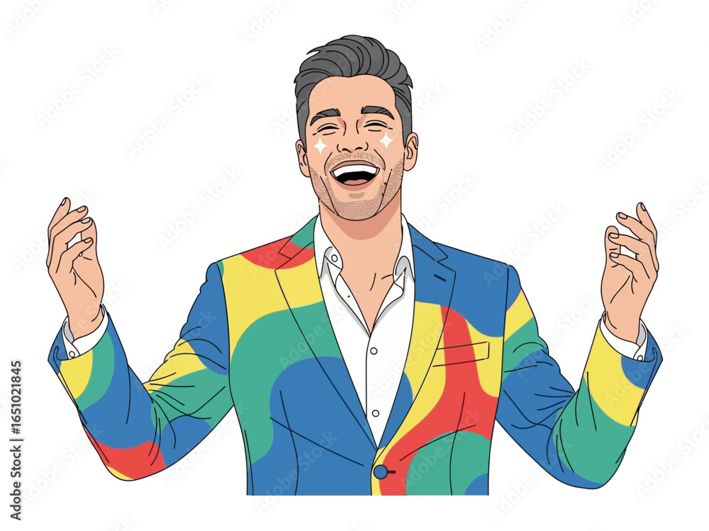Obraz premium Joyful Vibrant: A charismatic individual bursts with joy, showcasing a fashionable, brightly colored suit, his laughter echoing through the scene in a stylish illustration.