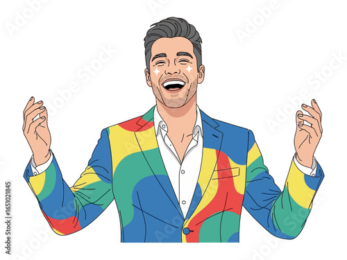 Joyful Vibrant: A charismatic individual bursts with joy, showcasing a fashionable, brightly colored suit, his laughter echoing through the scene in a stylish illustration.