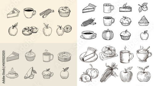 Hand-drawn illustration set of autumn desserts, apples, pies, cinnamon rolls, warm drinks, and seasonal snacks. Perfect for fall menus, cozy branding, packaging, and food graphics.