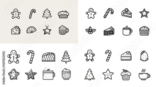 Christmas-themed sweets and treats icons featuring gingerbread cookies, candy canes, cupcakes, stars, cakes, and festive mugs in a cute outline style. Perfect for holiday branding and packaging.