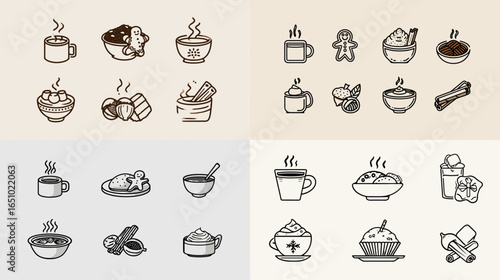 Cozy winter drink and dessert icons featuring hot cocoa, gingerbread, warm bowls, cinnamon sticks, cookies, and comforting food. Ideal for seasonal menus, holiday branding, and winter graphics.