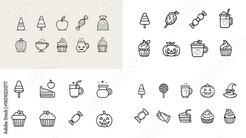 Halloween-themed icons featuring cupcakes, candy, pumpkins, spooky drinks, apples, and treats in a clean outline style. Great for seasonal packaging, stickers, invitations, and party graphics.