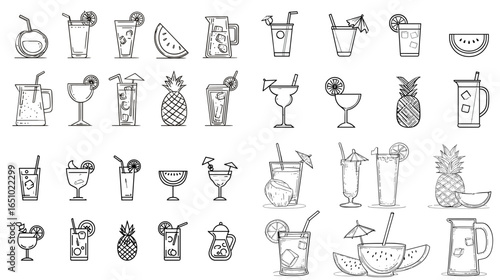 Hand-drawn tropical drink and cocktail illustration set featuring pineapple drinks, juices, margaritas, smoothies, and fruity beverages. Great for summer menus, cafes, bars, and branding.