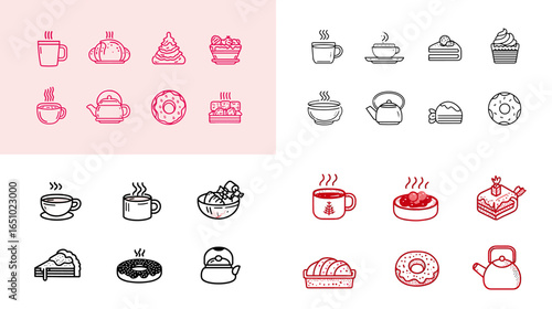 Cute minimalist icon illustration of tea cups, donuts, cakes, and pastries in pink and black tones. Perfect for cafe branding, menu icons, and dessert packaging.