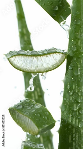 Vibrant green aloe vera slices, leaves & translucent gel glisten with dewy water droplets, floating in a slow-motion macro video against a pristine white background. Concept of natural freshness,