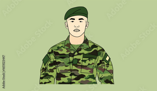 Vector illustration of a soldier wearing a green camouflage military uniform and beret. Army character design in flat style, isolated on green background, suitable for infographic, poster, banner, or 