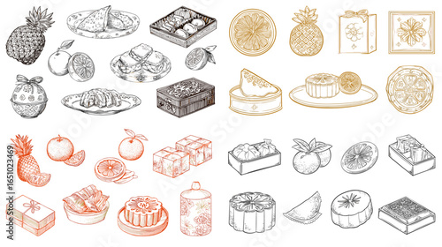 Watercolor and sketch illustration of traditional Asian sweets, fruits, and pastries. Perfect for culinary design, packaging, or cultural heritage projects.