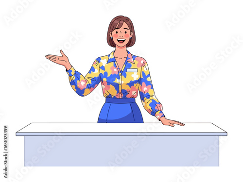Confident Hostess Welcomes Guests: A cheerful hostess, poised and welcoming behind a sleek counter, invites you with grace and assurance, offering a professional and friendly experience. 