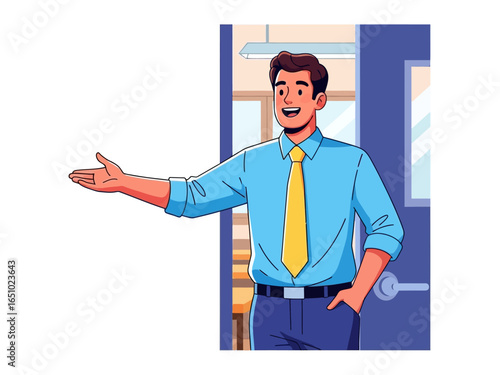 Warm Welcome: A welcoming gesture from a smartly dressed man in an open doorway, a symbol of hospitality, inviting viewers to step inside, a beacon of approachability and openness.