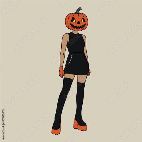 Stylish Halloween Girl with Pumpkin Head and Thigh Highs
