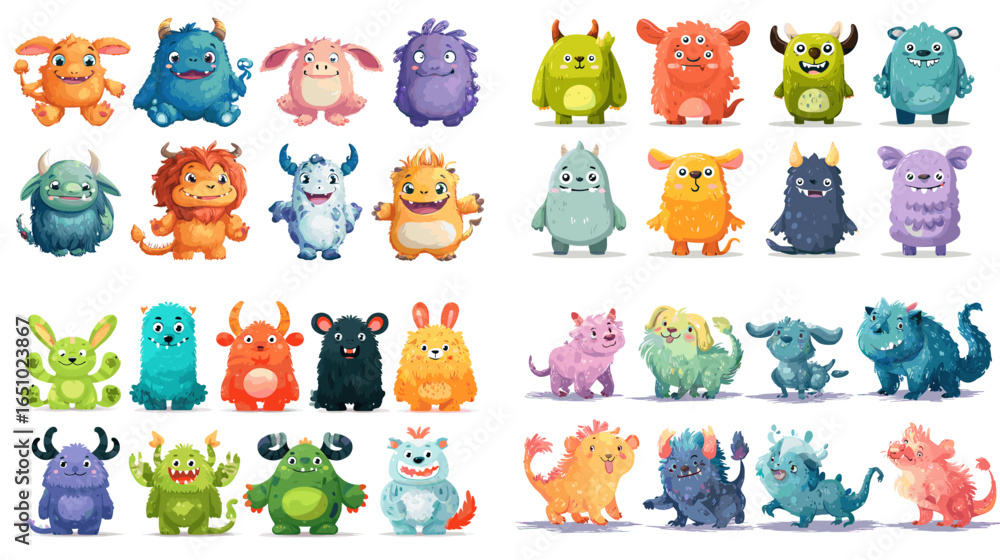 Fototapeta premium Collection of adorable cartoon monsters in bright colors and fun poses. Perfect for kids’ design, nursery art, stickers, and creative illustrations.