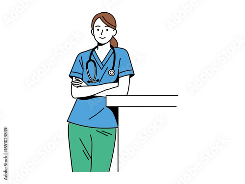 Healthcare Heroine: A dedicated and professional medical worker, nurse, stands with a serene expression, embodying care and compassion in a bright, clean environment.