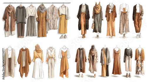 Watercolor fashion illustration of neutral and earthy tone outfits in bohemian style. Perfect for apparel design, minimalist branding, and lifestyle projects.
