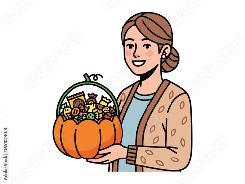 Happy Treat Gatherer: A friendly woman clutches a vibrant pumpkin-shaped basket overflowing with candy and treats, promising delight and the festive spirit.