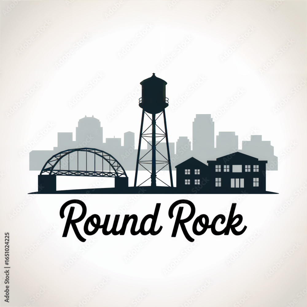 Fototapeta premium Round Rock Skyline Silhouette — Historic Texas City with Scenic Creek Views Vector Illustration