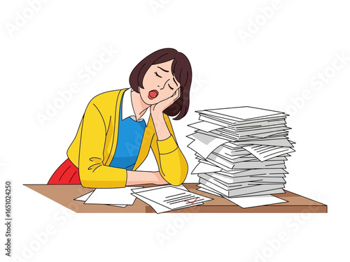 Drained Desk: A woman appears exhausted, overwhelmed by a towering stack of paperwork and responsibilities, embodying the daily grind and the toll it takes on the human experience.