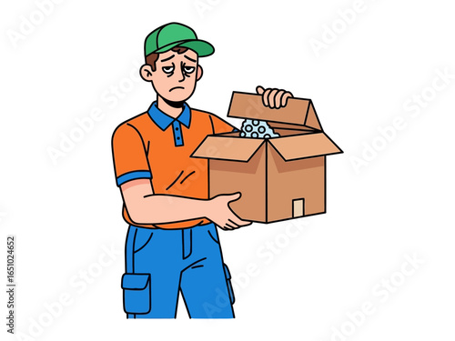 Weary Courier's Dilemma: A frustrated courier, uniform, surveys damaged goods, his gaze reflecting disappointment and weariness after a package mishap.