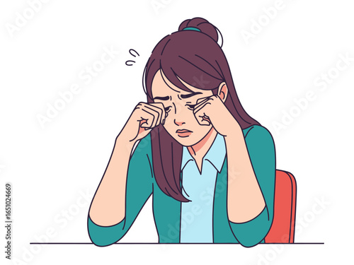 Exhausted Professional: A forlorn woman rubs her eyes in weariness, captured in a digitally rendered illustration, conveying the emotional and physical strain of professional life.
