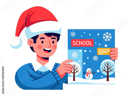 Festive School Announcement: A cheerful student, adorned in a Santa hat, enthusiastically presents a seasonal school announcement.