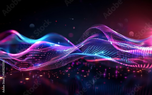 Vibrant abstract waves with glowing dots and lines in a dark space, creating a dynamic and colorful digital landscape.
