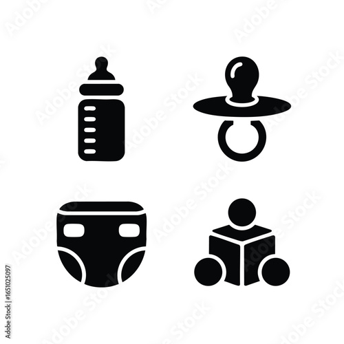 Baby and newborn icon set, 4 icons baby bottle, pacifier, diaper, toy block. Cute, chunky, rounded solid black style. Isolated.