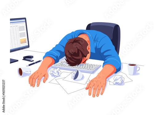 Burnout in the Office: Depicted is an individual, slumped in a chair, face-down on a keyboard amidst a chaotic desk scene, evoking a sense of fatigue and overwork.