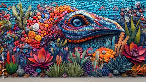 Wallpaper Mural Intricate bird mural made from colorful pebbles surrounded by vivid succulents blending abstract texture with natural artistic composition Torontodigital.ca