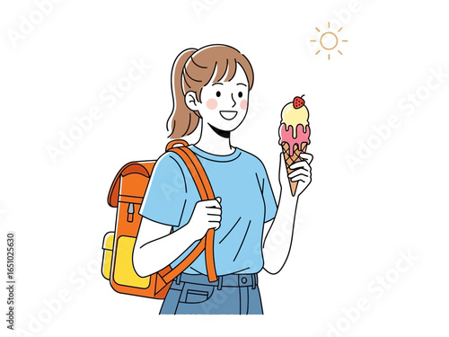 Summer Bliss: A young girl savors the sweet moment of a delicious ice cream cone, captured in a clean and vibrant illustration. She embraces the joy of a sunny day, perfect for a delightful treat.